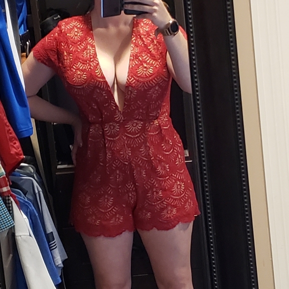 Maddy...k deep V red lace romper - Picture 2 of 4